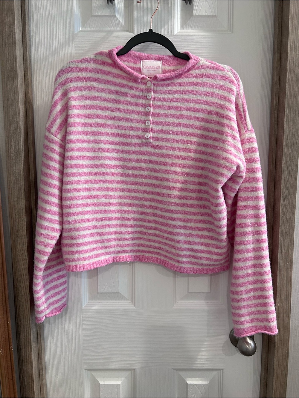 CocoMcCall Pink & White Striped Henley Pullover